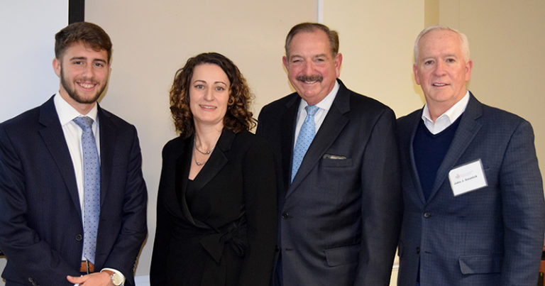 Joseph Angelina of St Joseph’s University; Erin Mulloy, Vincent Burke and John Swanick members of the leadership of the SIFM during the presentation of the SIFM’s 2020 Scholarship to Joseph Angelina