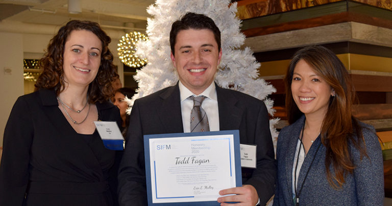 Erin Mulloy, President of the SIFM, Todd Fagan of St. John’s University, and Jayme Malimban of the SIFM President’s Advisory Council at the SIFM 2020 Scholarship presentation at the December Quarterly Conference, December 5, 2019