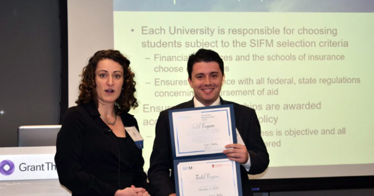 Erin Mulloy, President SIFM and Partner FSO Assurance, EY, presents 2020 SIFM Scholarship Award to Todd Fagan of St John’s University